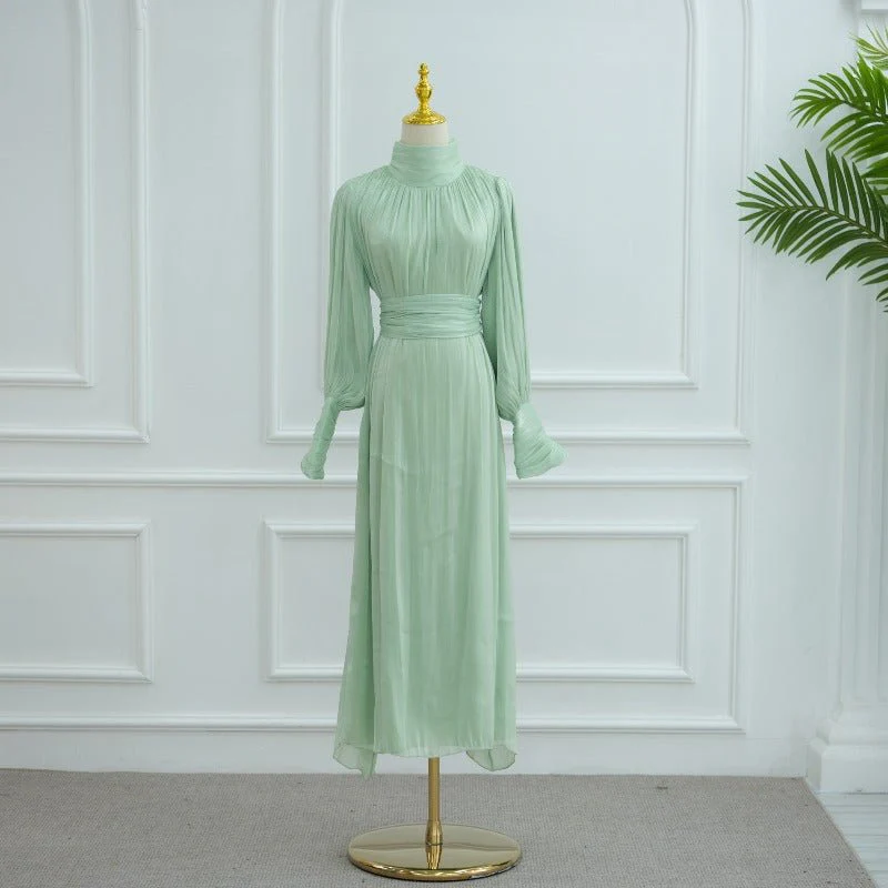 Elegant Half-Turtleneck Princess Sleeve Dress Set with Belt | Pleated Full Skirt Two-Piece(MA320) - Image 11