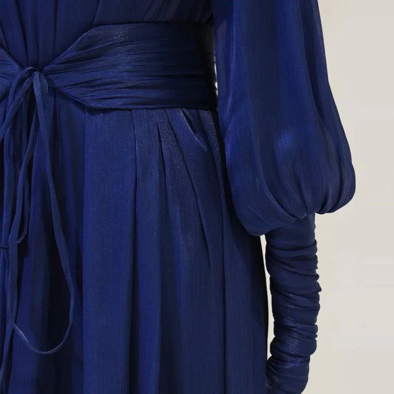 Elegant Half-Turtleneck Princess Sleeve Dress Set with Belt | Pleated Full Skirt Two-Piece(MA320) - Image 14