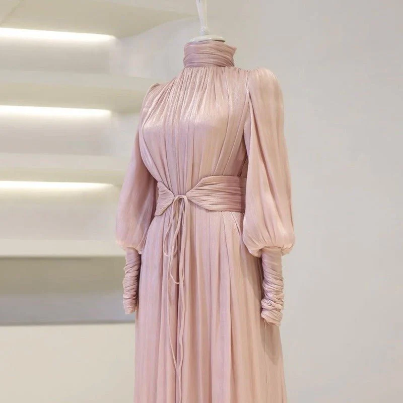 Elegant Half-Turtleneck Princess Sleeve Dress Set with Belt | Pleated Full Skirt Two-Piece(MA320) - Image 3