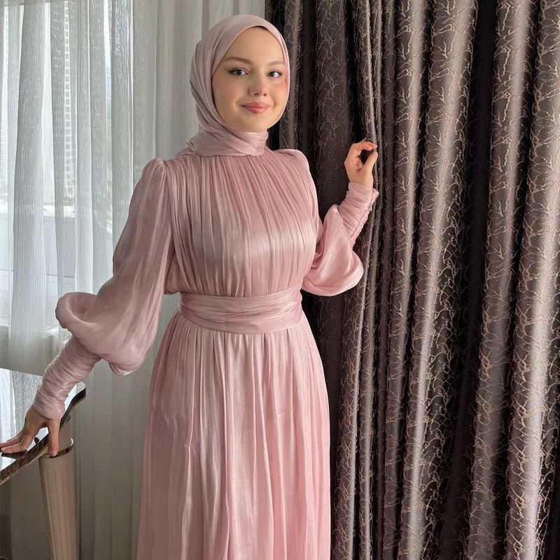 Elegant Half-Turtleneck Princess Sleeve Dress Set with Belt | Pleated Full Skirt Two-Piece(MA320) - Image 4