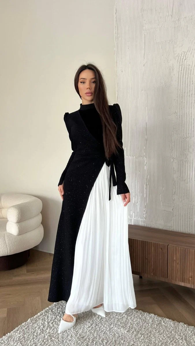 Elegant High Neck Long Sleeve Black & White Spliced Pleated  Dress Abaya with Puffed Shoulders(MA195) - Image 4