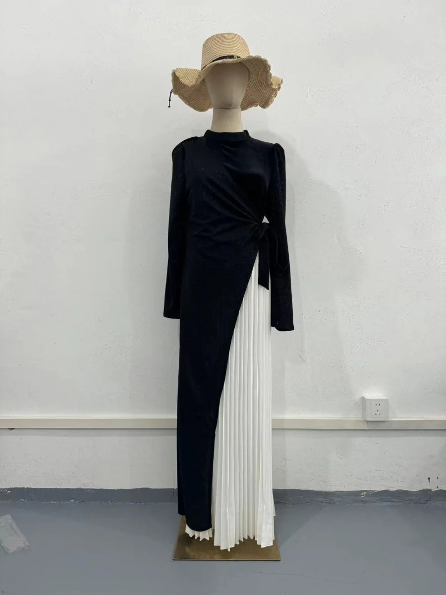 Elegant High Neck Long Sleeve Black & White Spliced Pleated  Dress Abaya with Puffed Shoulders(MA195) - Image 5