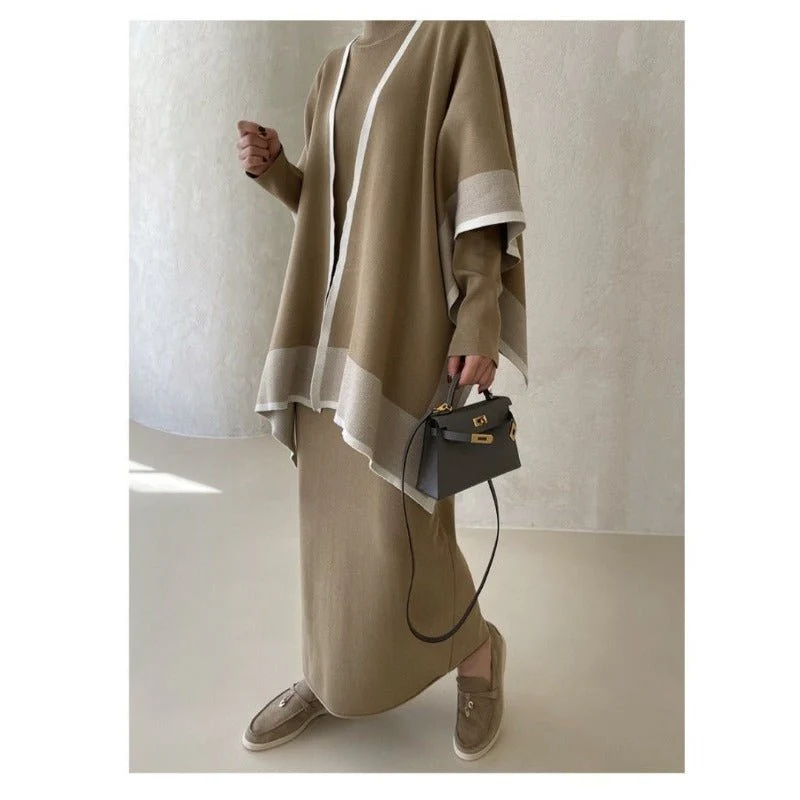 Elegant Knit Shawl & Half-Turtleneck Maxi Dress Set | Two-Piece Modest Outfit(MS117) - Image 11
