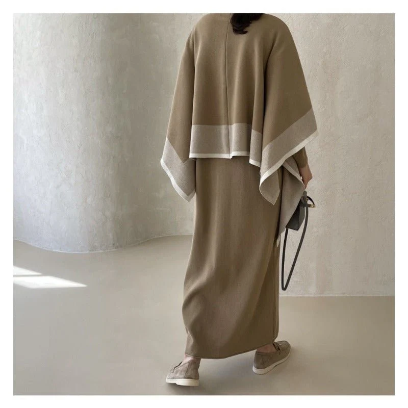Elegant Knit Shawl & Half-Turtleneck Maxi Dress Set | Two-Piece Modest Outfit(MS117) - Image 12