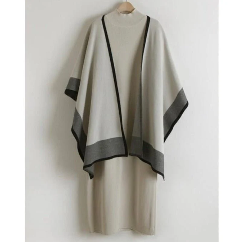 Elegant Knit Shawl & Half-Turtleneck Maxi Dress Set | Two-Piece Modest Outfit(MS117) - Image 15