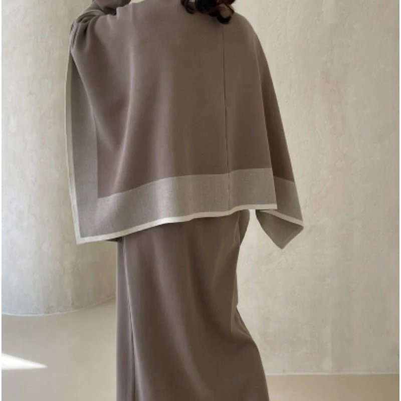 Elegant Knit Shawl & Half-Turtleneck Maxi Dress Set | Two-Piece Modest Outfit(MS117) - Image 3