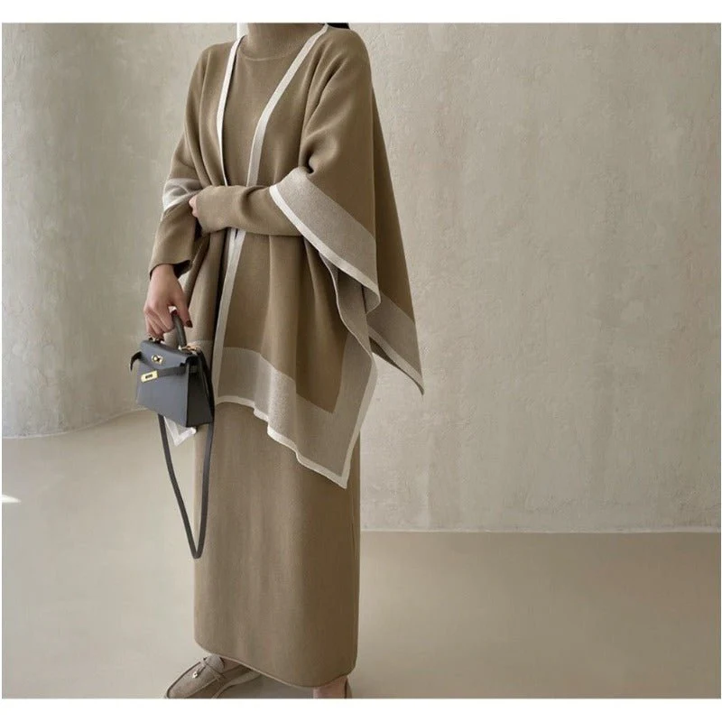 Elegant Knit Shawl & Half-Turtleneck Maxi Dress Set | Two-Piece Modest Outfit(MS117) - Image 7