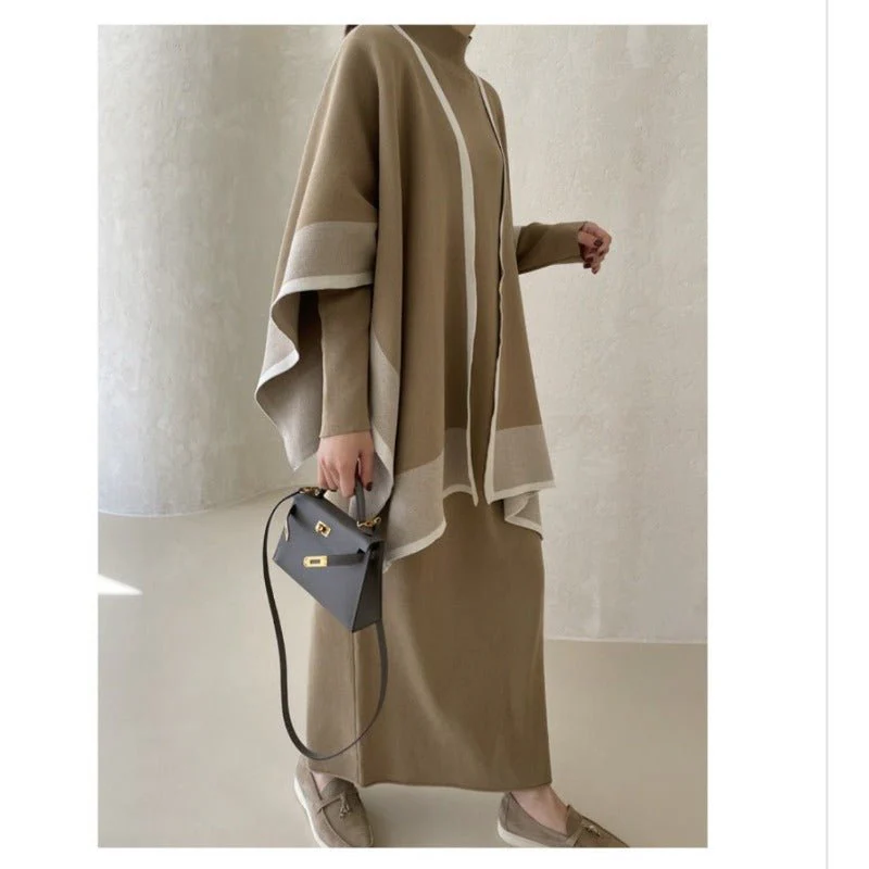 Elegant Knit Shawl & Half-Turtleneck Maxi Dress Set | Two-Piece Modest Outfit(MS117) - Image 9