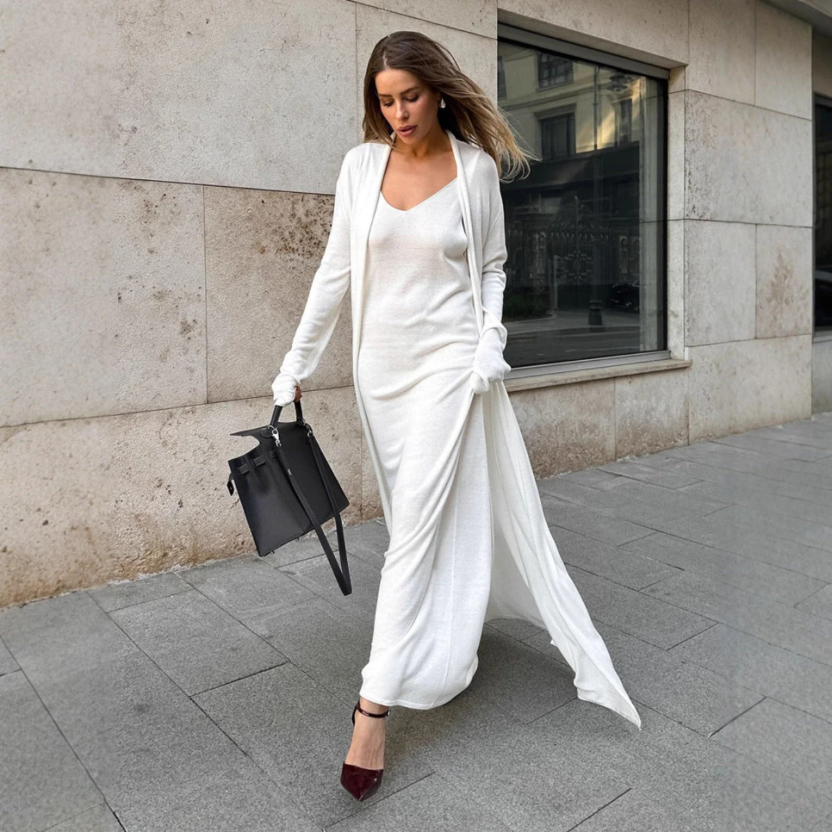 Elegant Knitted Two-Piece Set - Long Sleeve Cardigan & Suspenders Dress Women Outfit(MS108)