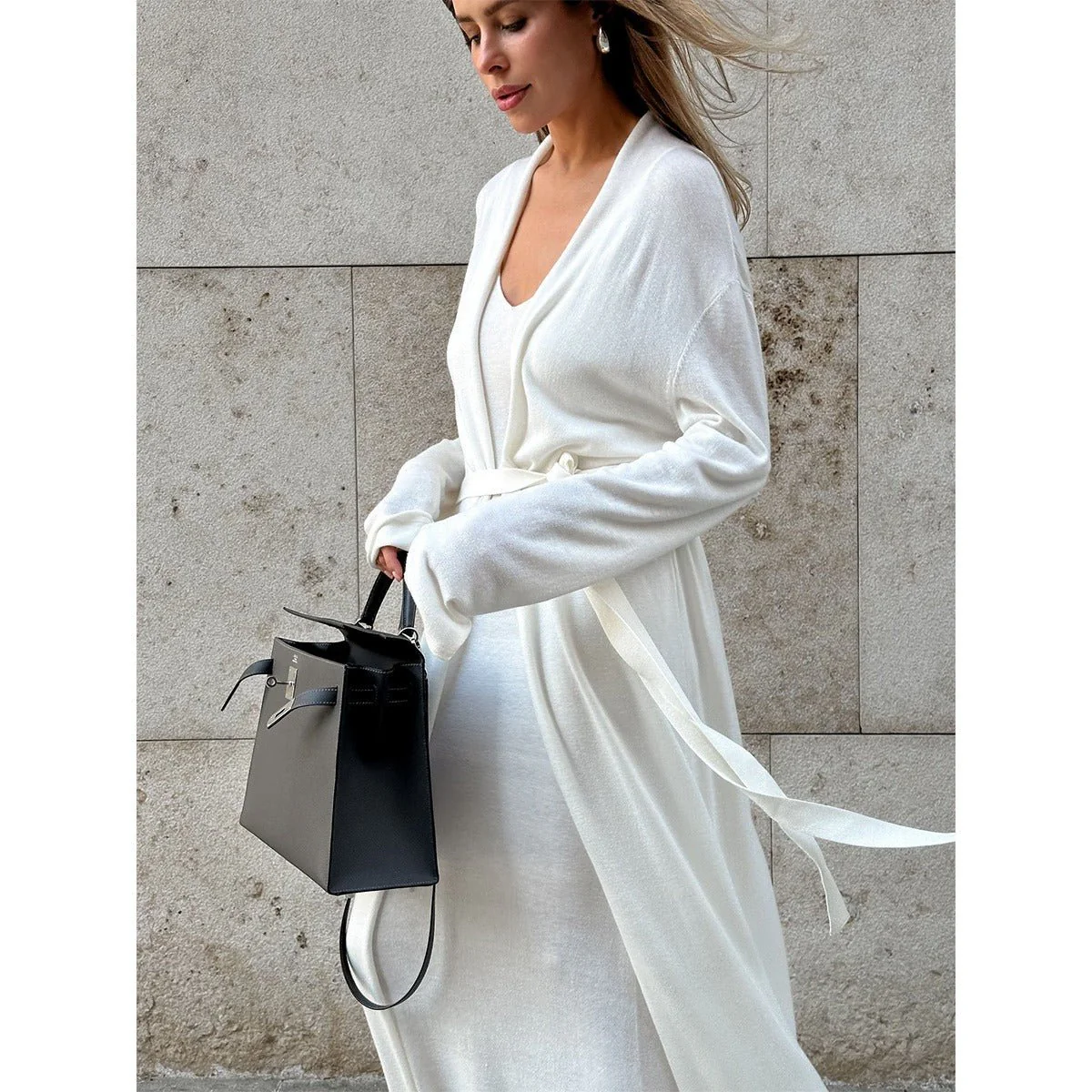 Elegant Knitted Two-Piece Set - Long Sleeve Cardigan & Suspenders Dress Women Outfit(MS108) - Image 2