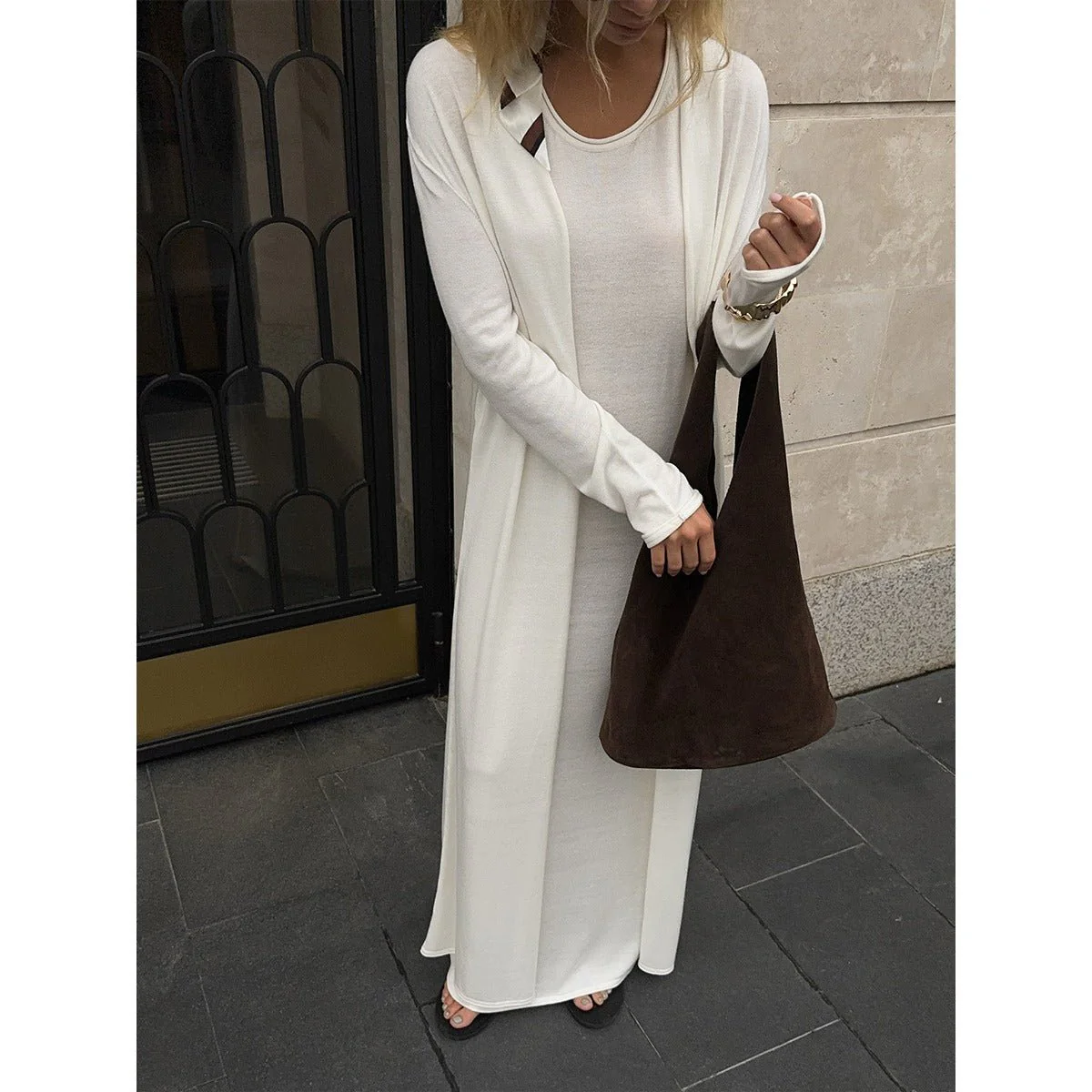 Elegant Knitted Two-Piece Set - Long Sleeve Cardigan & Suspenders Dress Women Outfit(MS108) - Image 3