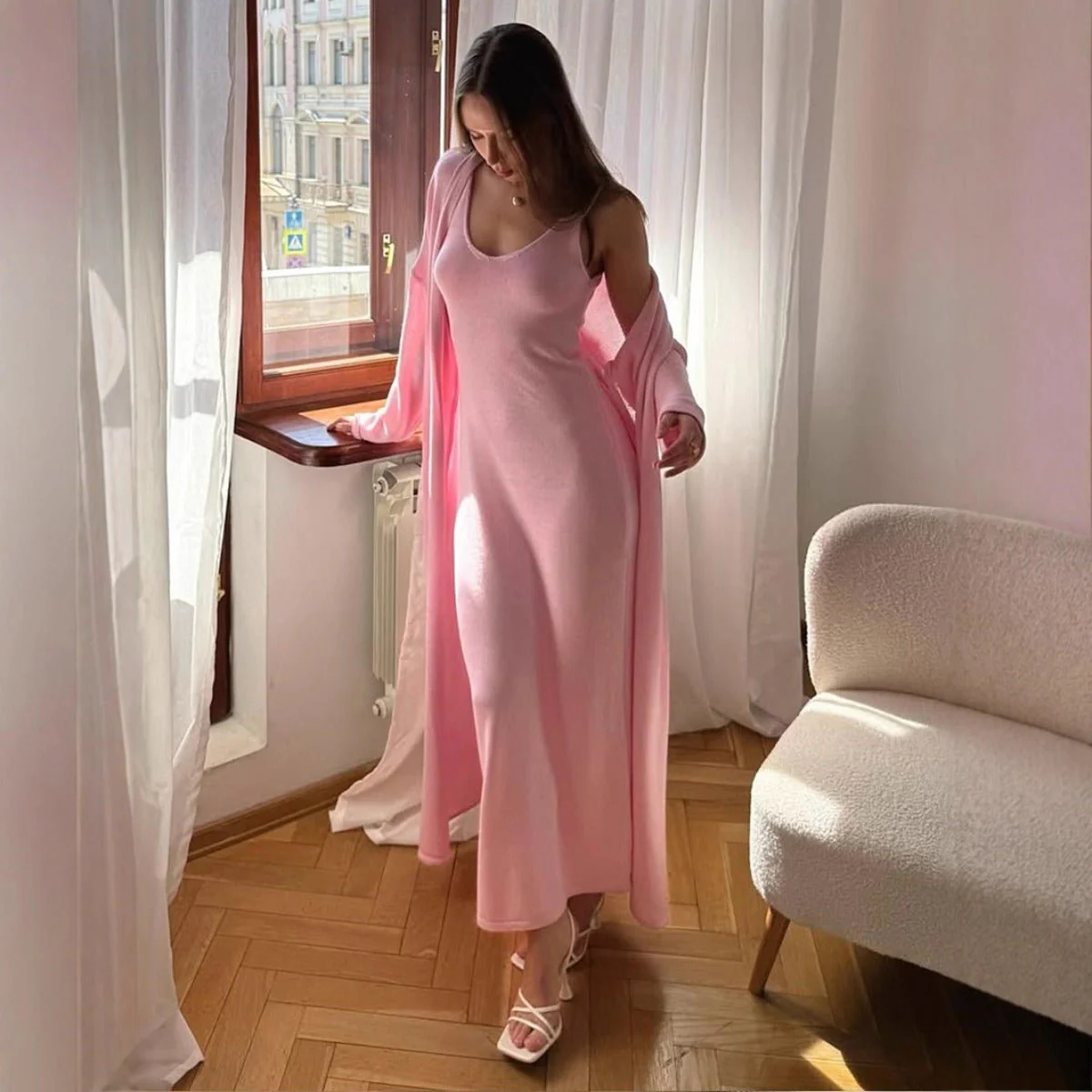 Elegant Knitted Two-Piece Set - Long Sleeve Cardigan & Suspenders Dress Women Outfit(MS108) - Image 5