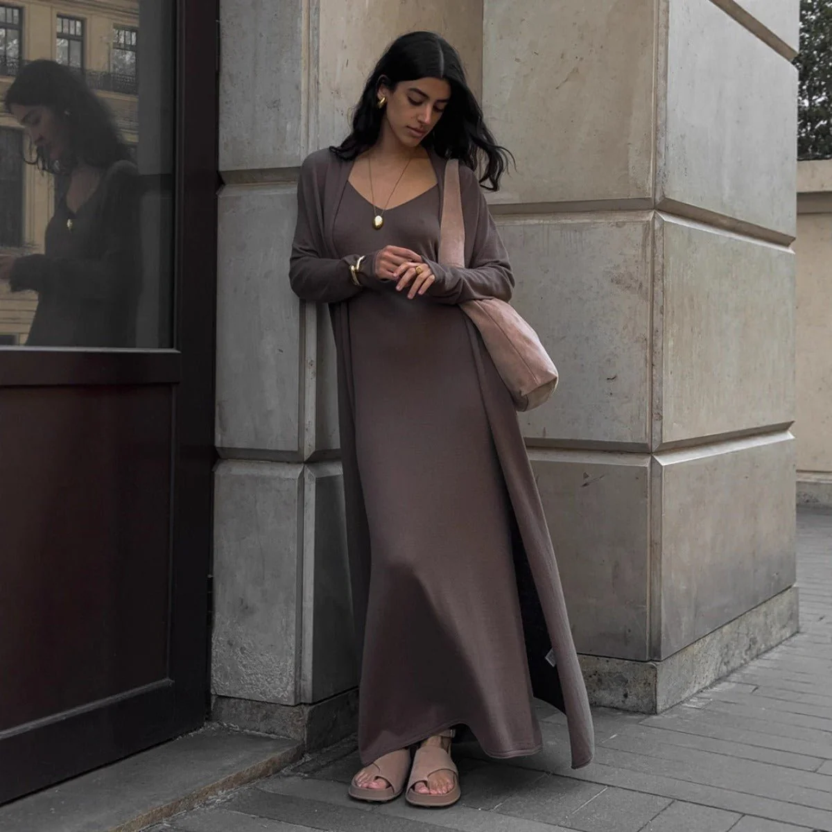 Elegant Knitted Two-Piece Set - Long Sleeve Cardigan & Suspenders Dress Women Outfit(MS108) - Image 6
