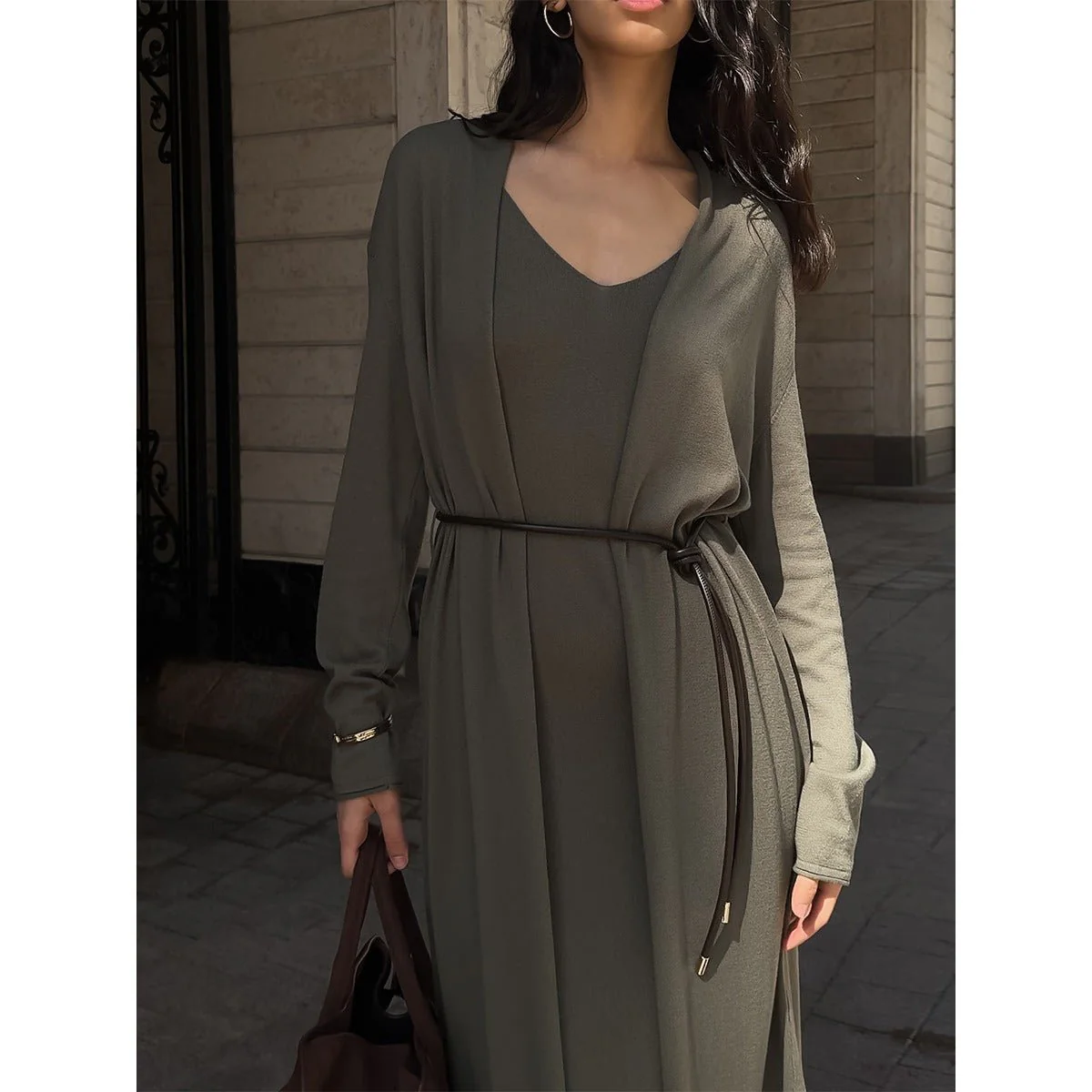 Elegant Knitted Two-Piece Set - Long Sleeve Cardigan & Suspenders Dress Women Outfit(MS108) - Image 9