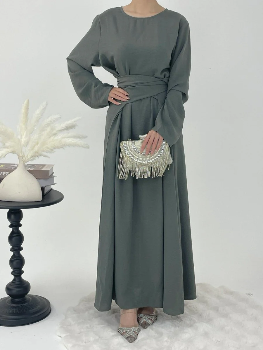 Elegant Lace-Up Ice Crape Abaya Evening Gown(MA160) - Image 15