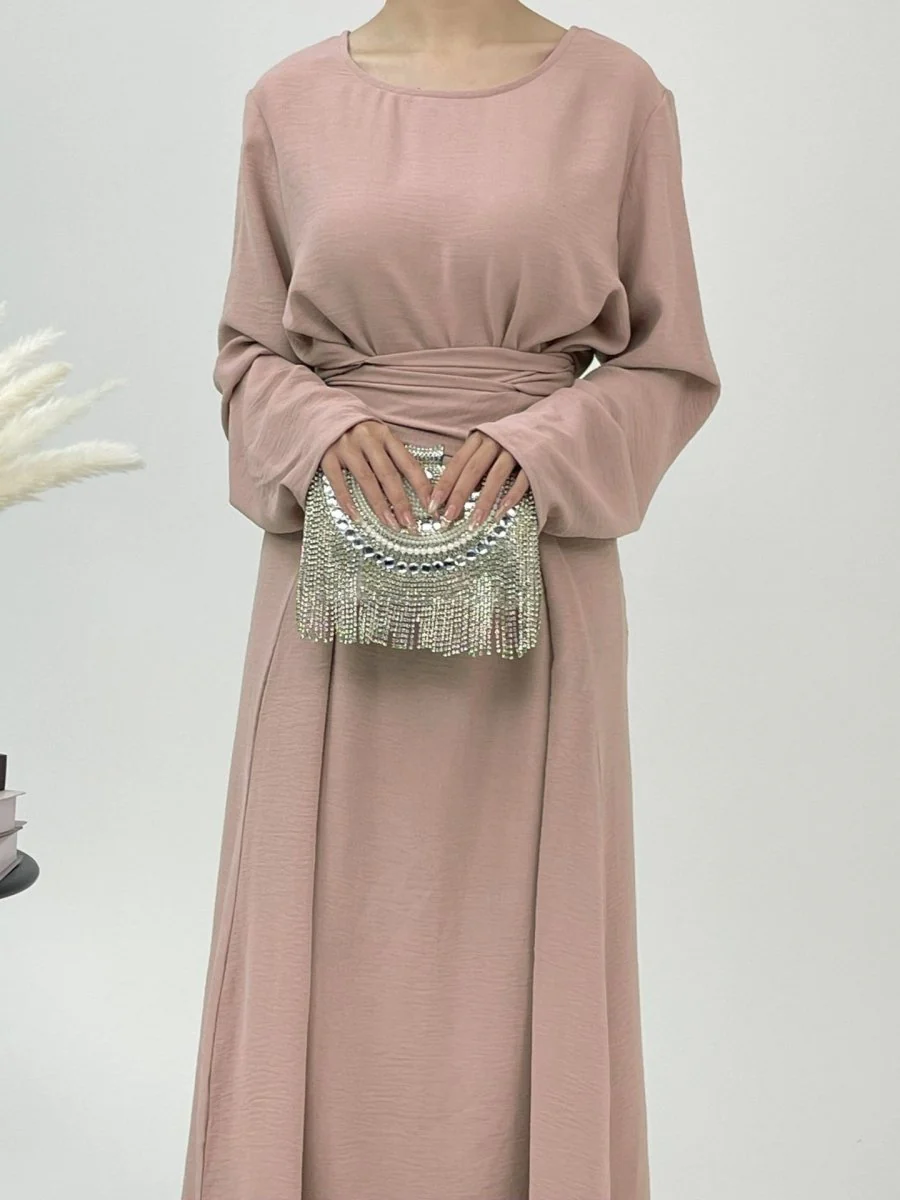 Elegant Lace-Up Ice Crape Abaya Evening Gown(MA160) - Image 4
