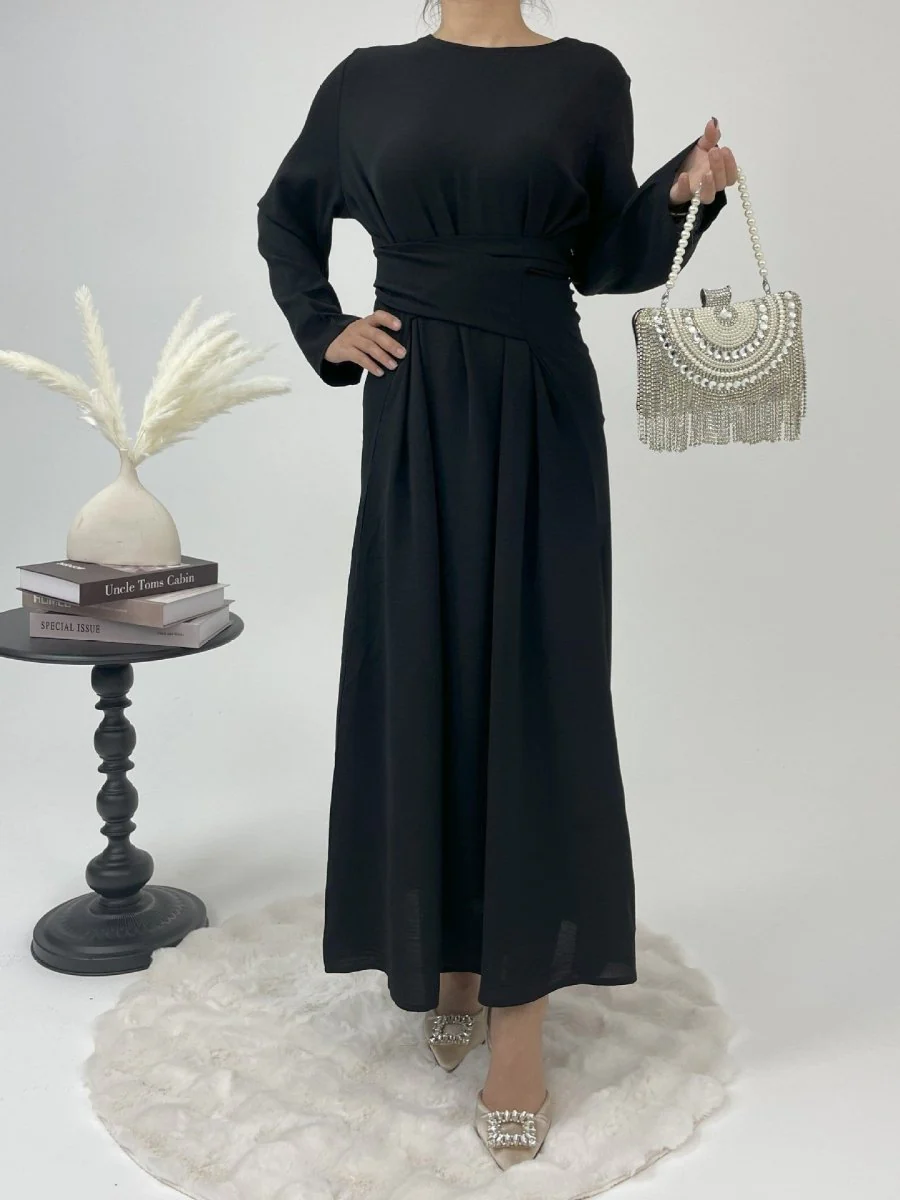 Elegant Lace-Up Ice Crape Abaya Evening Gown(MA160) - Image 6