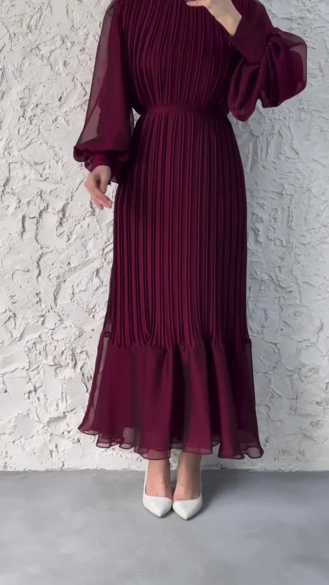 Elegant Lightweight Textured Long Skirt with Puff Sleeves Abaya Dress (MA201) - Image 12