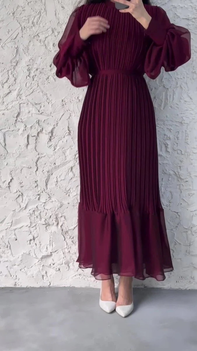 Elegant Lightweight Textured Long Skirt with Puff Sleeves Abaya Dress (MA201) - Image 13