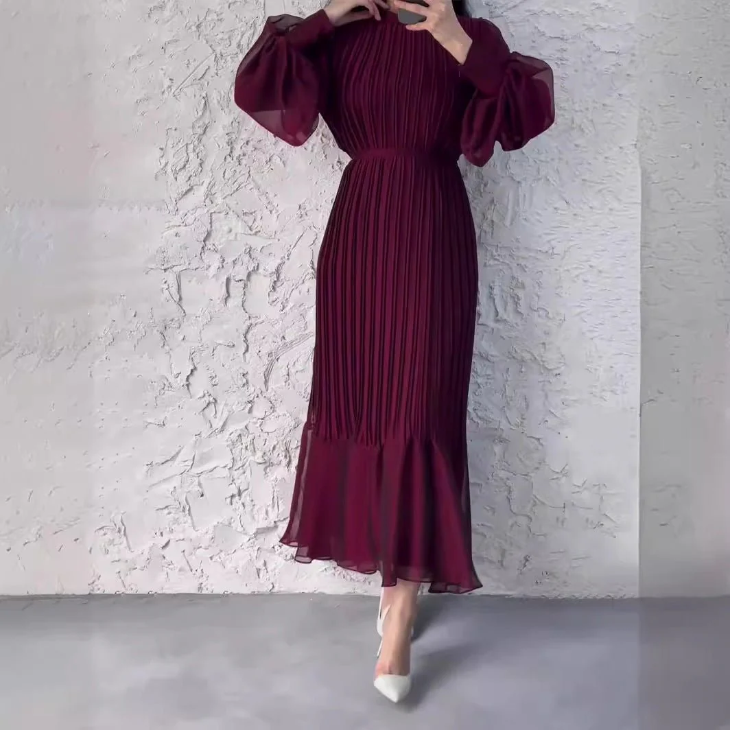 Elegant Lightweight Textured Long Skirt with Puff Sleeves Abaya Dress (MA201) - Image 2