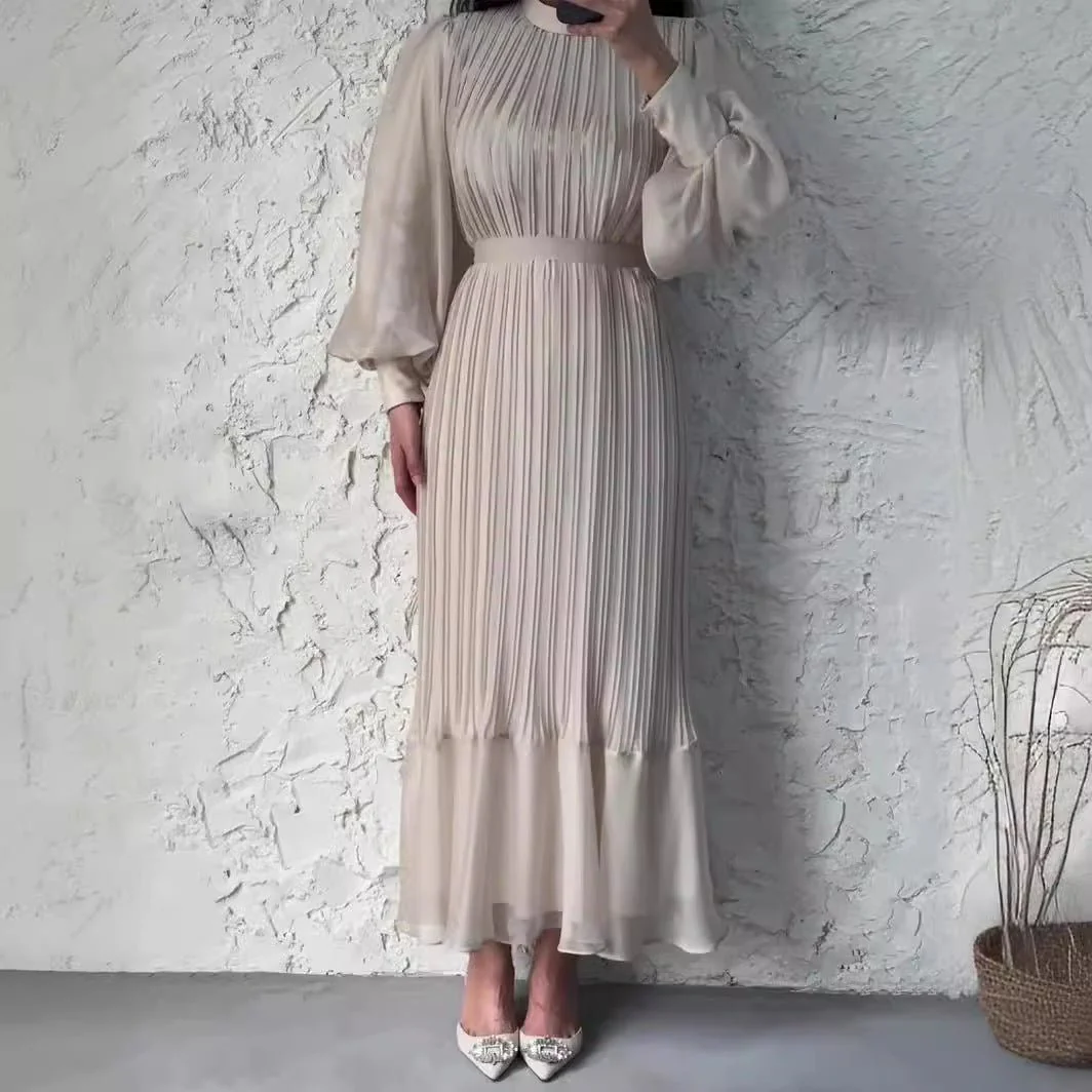 Elegant Lightweight Textured Long Skirt with Puff Sleeves Abaya Dress (MA201) - Image 3