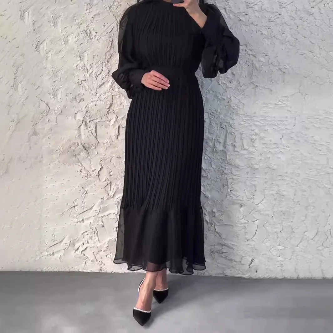 Elegant Lightweight Textured Long Skirt with Puff Sleeves Abaya Dress (MA201) - Image 4