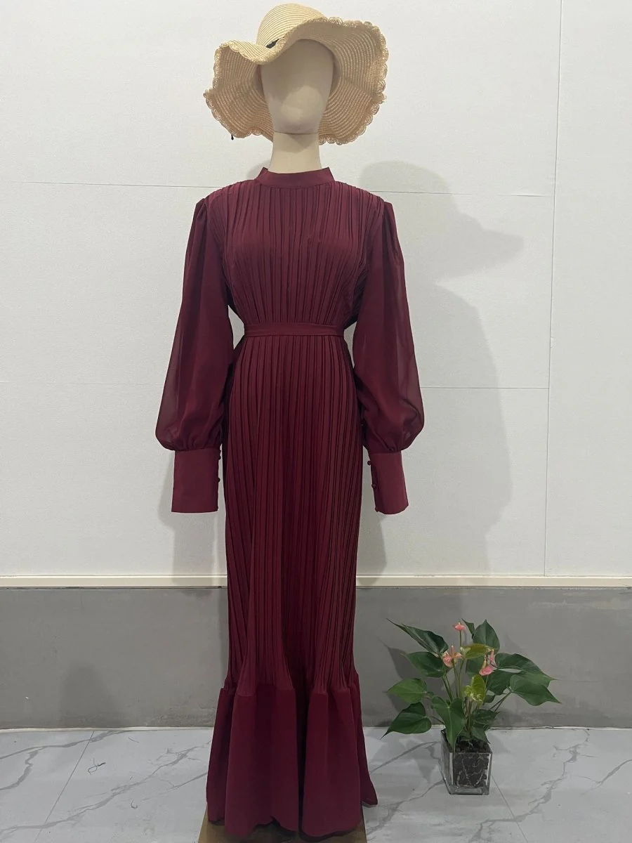 Elegant Lightweight Textured Long Skirt with Puff Sleeves Abaya Dress (MA201) - Image 5