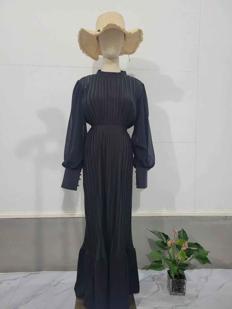 Elegant Lightweight Textured Long Skirt with Puff Sleeves Abaya Dress (MA201) - Image 6