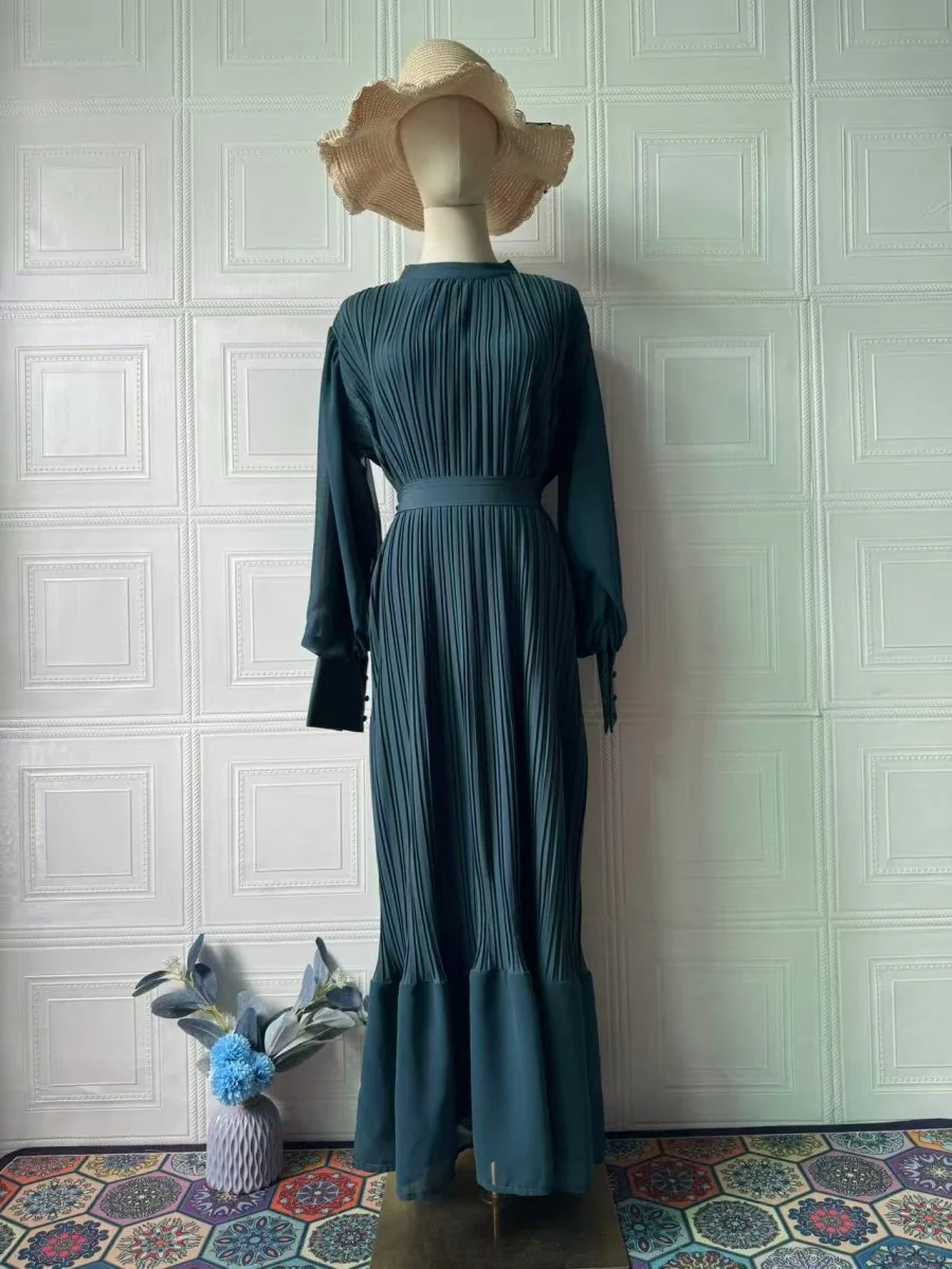 Elegant Lightweight Textured Long Skirt with Puff Sleeves Abaya Dress (MA201) - Image 9