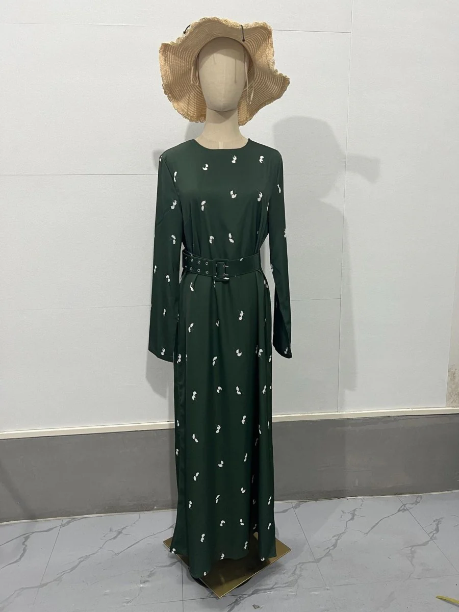 Elegant Long-Sleeve Floral Slim-Fit A-Line Dress with Ruffles & Belt(MA203) - Image 5