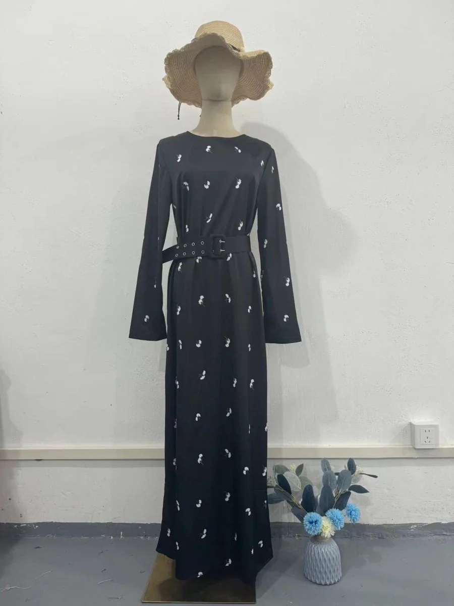 Elegant Long-Sleeve Floral Slim-Fit A-Line Dress with Ruffles & Belt(MA203) - Image 6