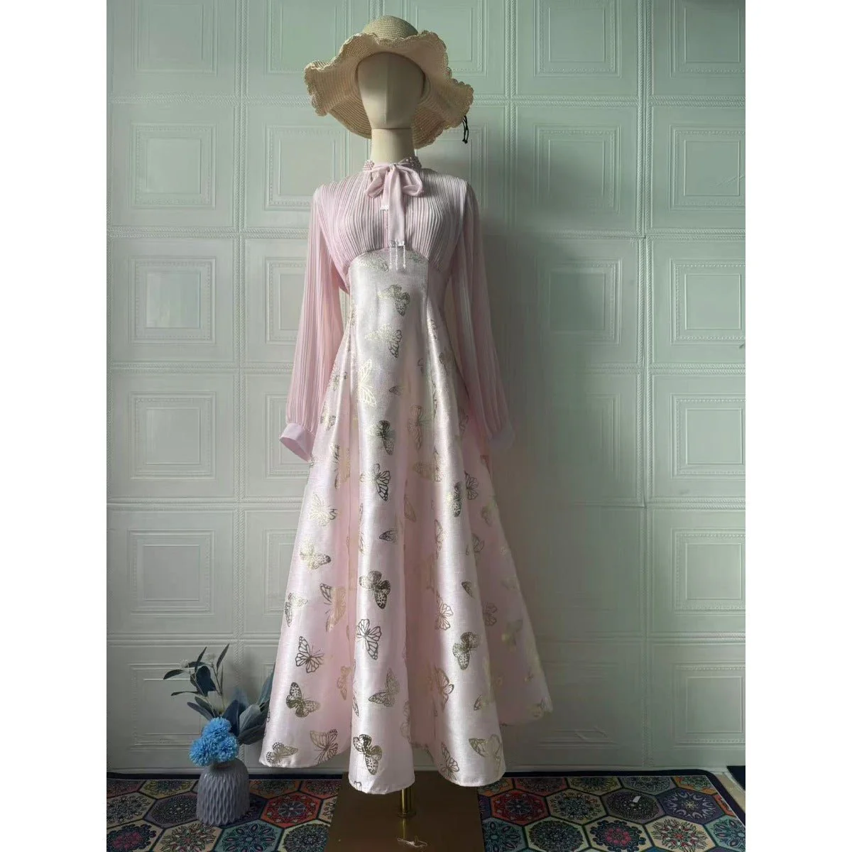 Elegant Long Sleeve Maxi Dress, Butterfly Patterned Abaya / Long Dress Gown (MA219) - Image 11