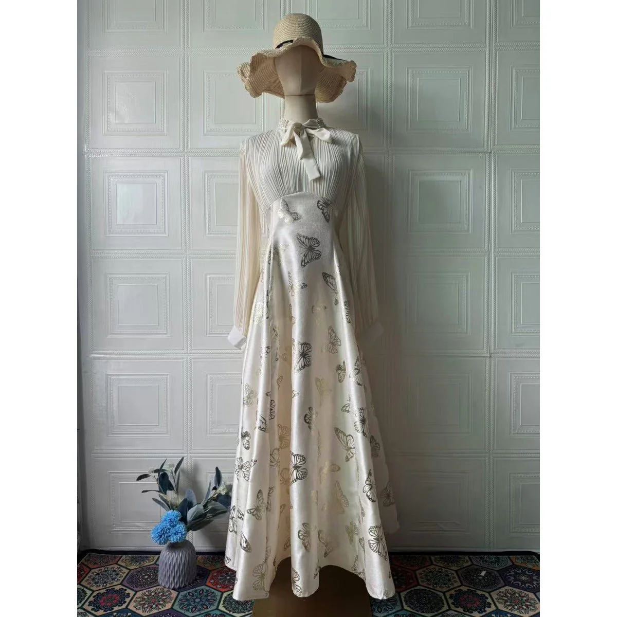 Elegant Long Sleeve Maxi Dress, Butterfly Patterned Abaya / Long Dress Gown (MA219) - Image 13