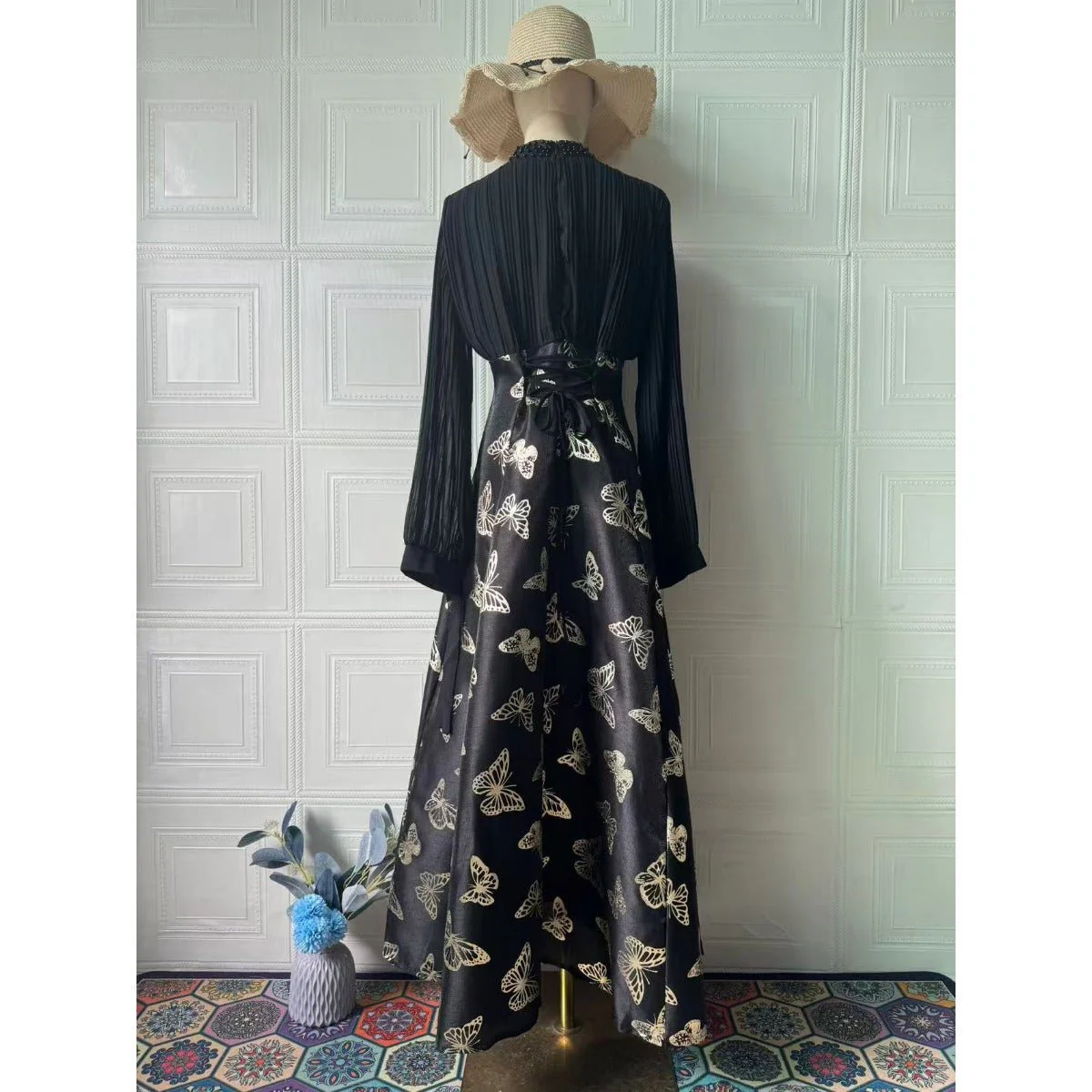 Elegant Long Sleeve Maxi Dress, Butterfly Patterned Abaya / Long Dress Gown (MA219) - Image 15