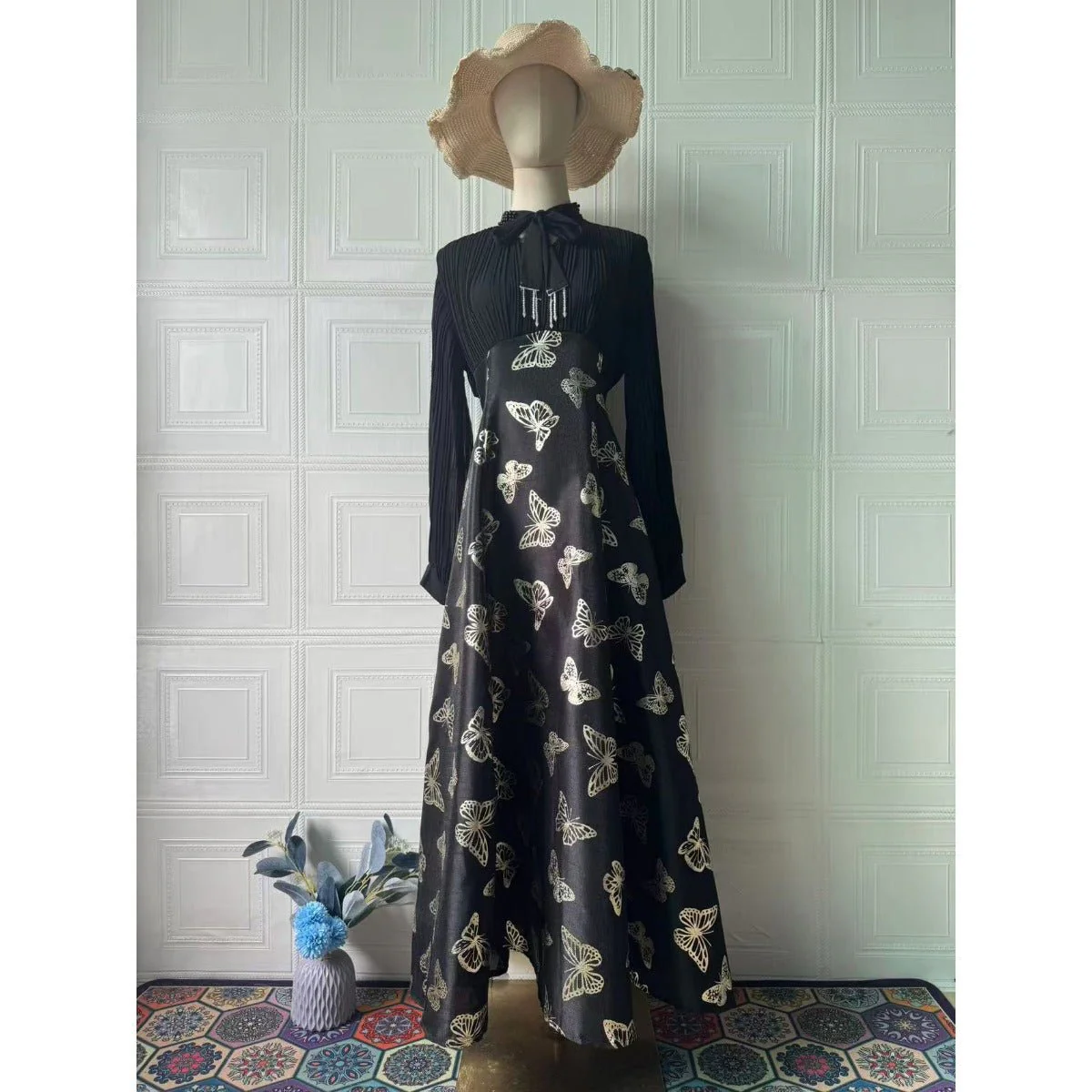 Elegant Long Sleeve Maxi Dress, Butterfly Patterned Abaya / Long Dress Gown (MA219) - Image 16