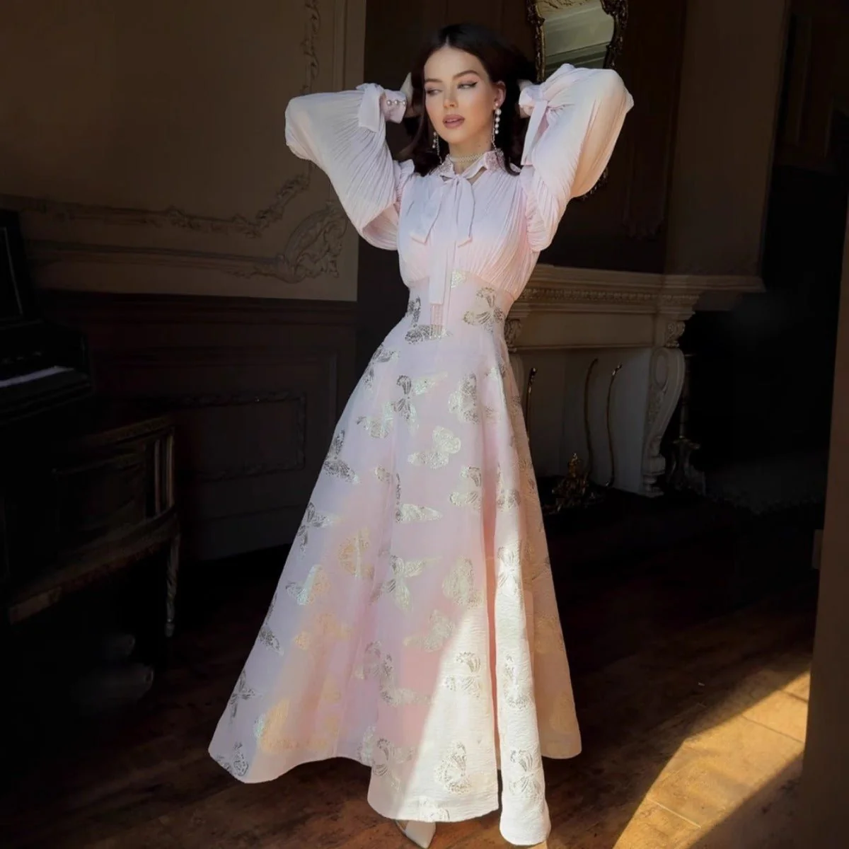 Elegant Long Sleeve Maxi Dress, Butterfly Patterned Abaya / Long Dress Gown (MA219) - Image 2