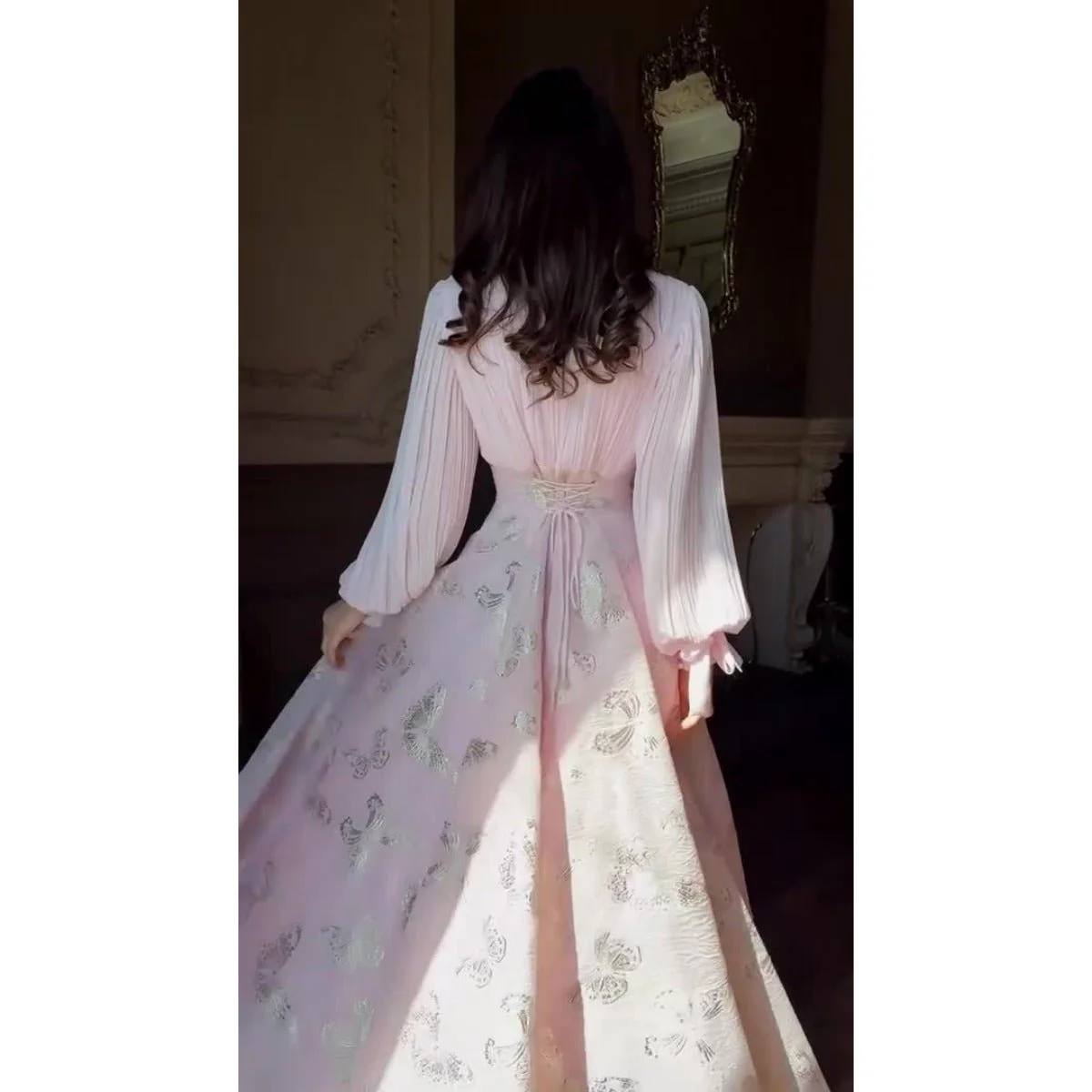 Elegant Long Sleeve Maxi Dress, Butterfly Patterned Abaya / Long Dress Gown (MA219) - Image 3
