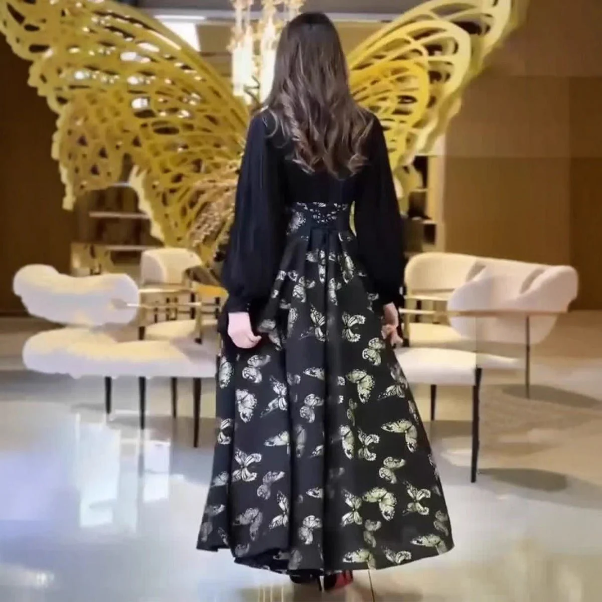 Elegant Long Sleeve Maxi Dress, Butterfly Patterned Abaya / Long Dress Gown (MA219) - Image 8