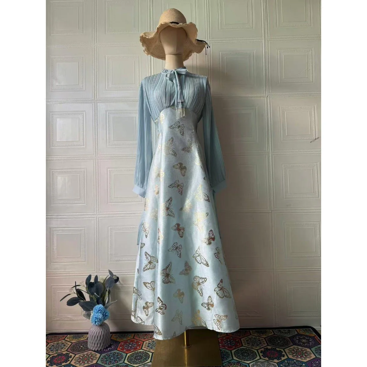 Elegant Long Sleeve Maxi Dress, Butterfly Patterned Abaya / Long Dress Gown (MA219) - Image 9
