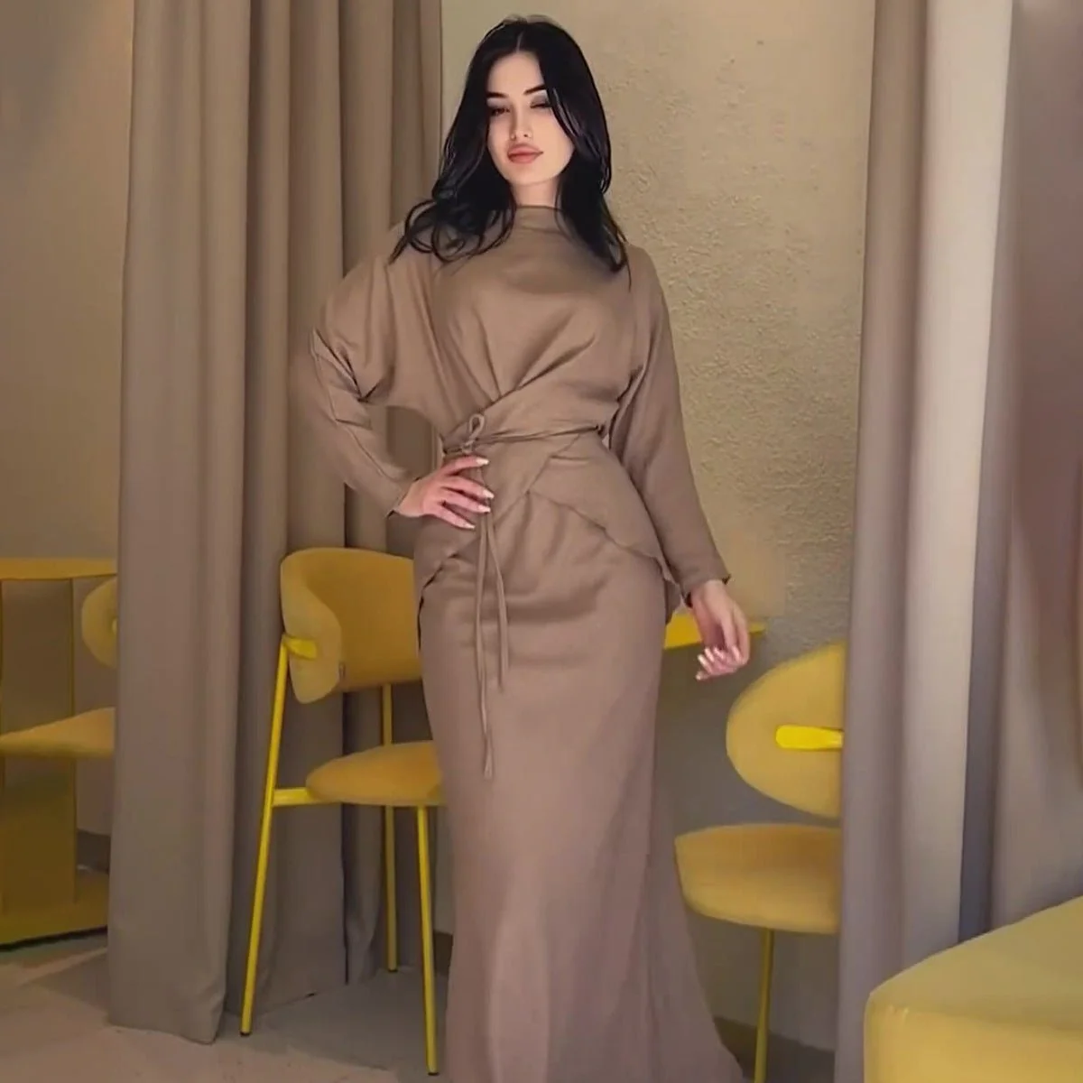Elegant Long Sleeve Taupe Satin Cross-Lace Waist Skirt Two-Piece Abaya Outfit(MA208)