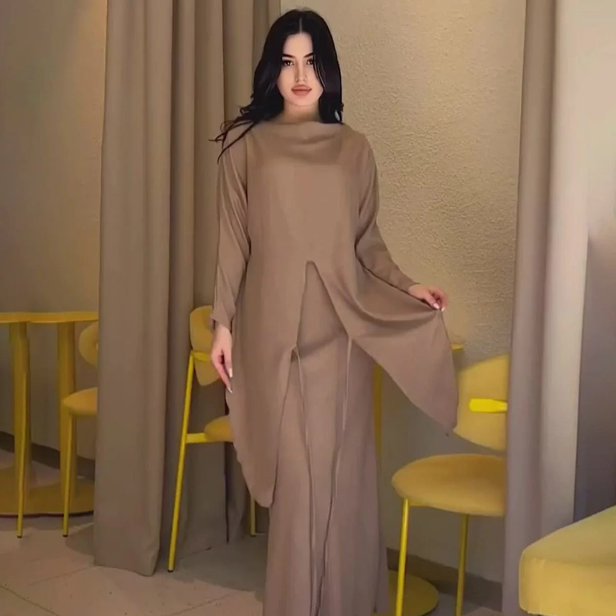 Elegant Long Sleeve Taupe Satin Cross-Lace Waist Skirt Two-Piece Abaya Outfit(MA208) - Image 3