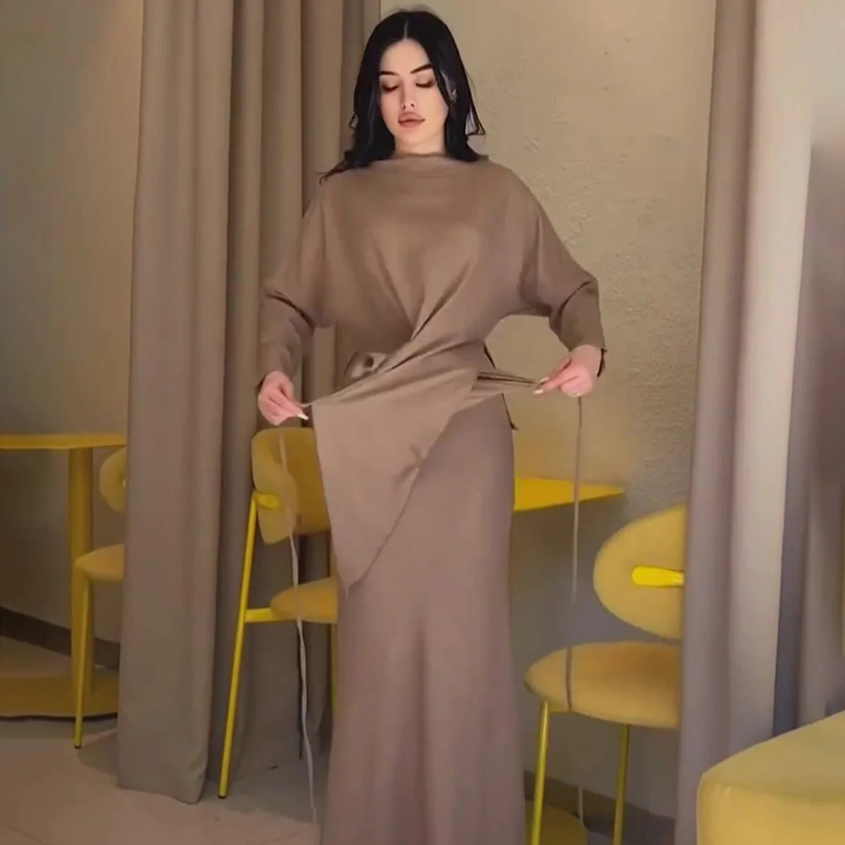 Elegant Long Sleeve Taupe Satin Cross-Lace Waist Skirt Two-Piece Abaya Outfit(MA208) - Image 4