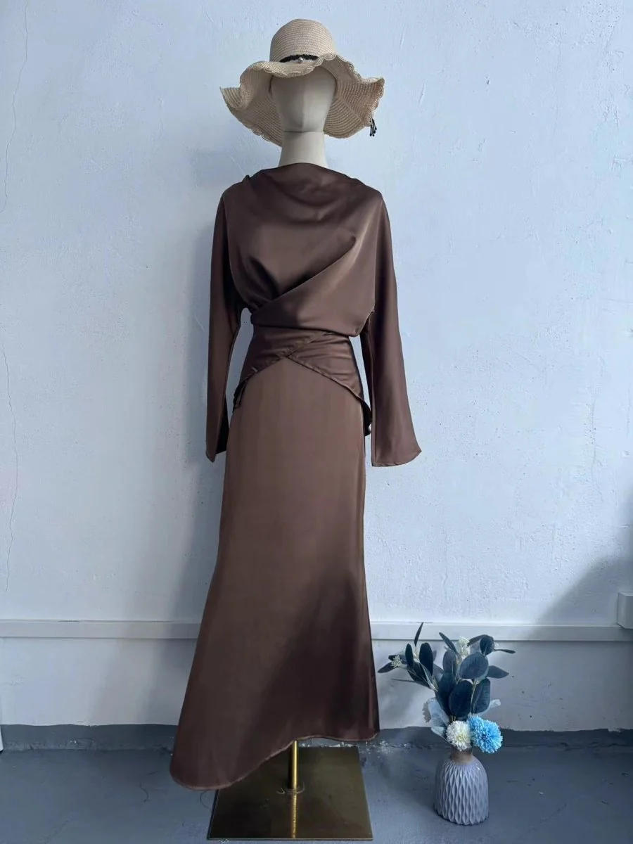 Elegant Long Sleeve Taupe Satin Cross-Lace Waist Skirt Two-Piece Abaya Outfit(MA208) - Image 5