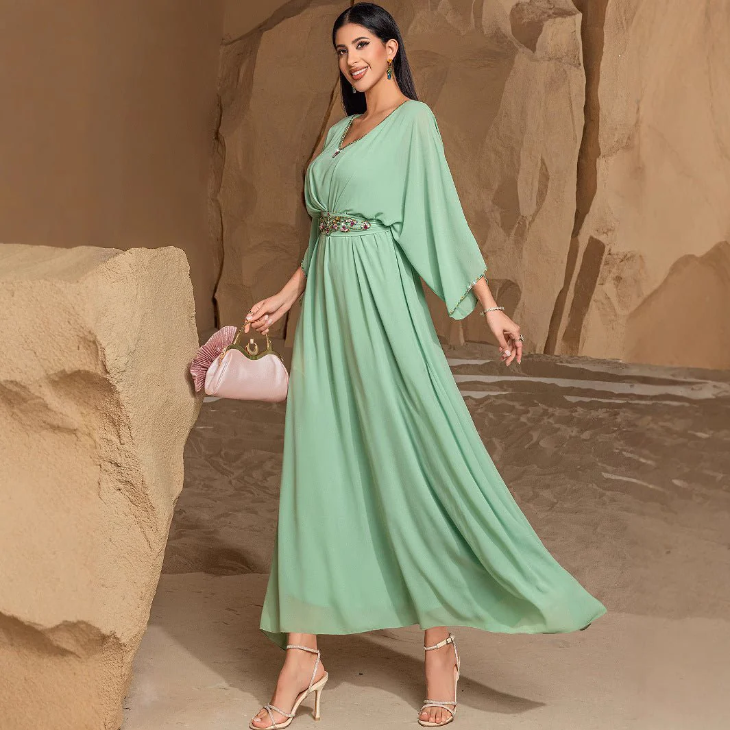 Elegant Mint Green V-Neck Swing Flowy A-Line Maxi Dress with Bell Sleeves & Embellished Belt Abaya (MA189) - Image 3