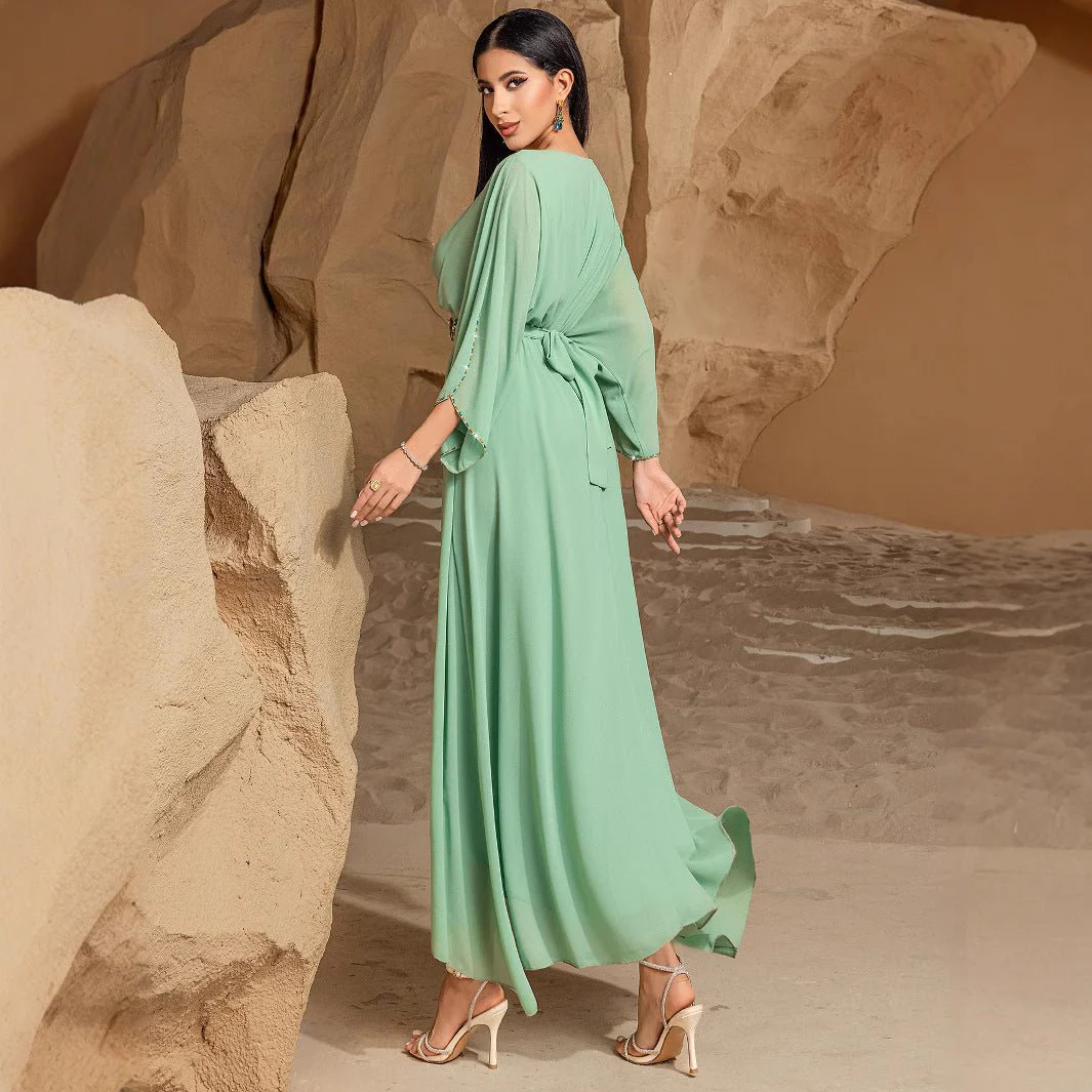 Elegant Mint Green V-Neck Swing Flowy A-Line Maxi Dress with Bell Sleeves & Embellished Belt Abaya (MA189) - Image 4