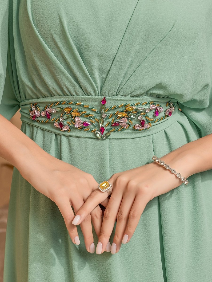 Elegant Mint Green V-Neck Swing Flowy A-Line Maxi Dress with Bell Sleeves & Embellished Belt Abaya (MA189) - Image 5