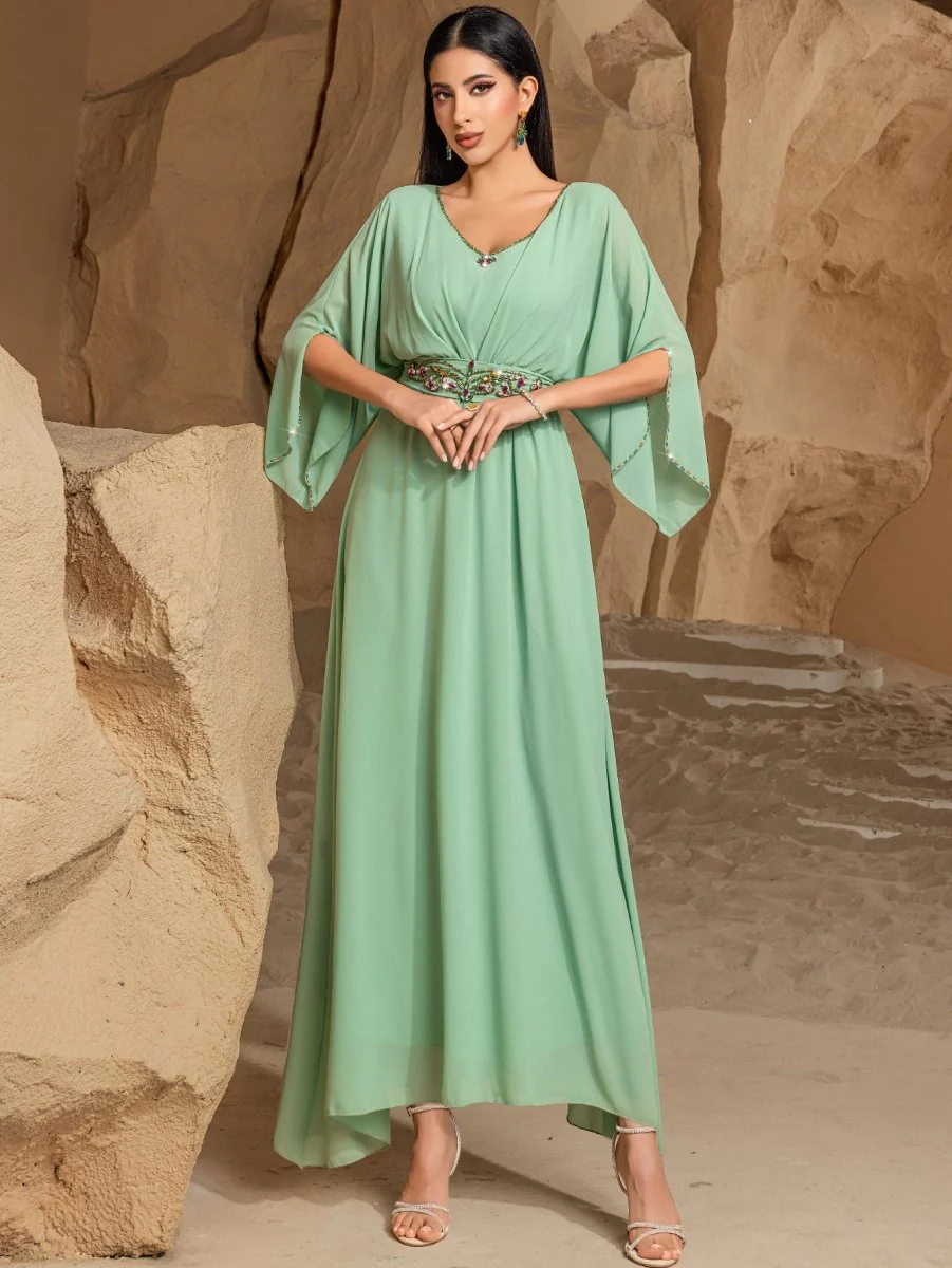 Elegant Mint Green V-Neck Swing Flowy A-Line Maxi Dress with Bell Sleeves & Embellished Belt Abaya (MA189) - Image 6