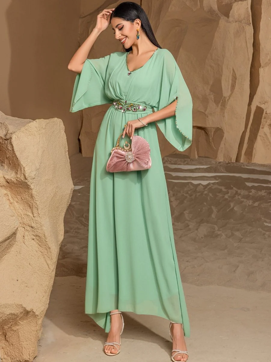 Elegant Mint Green V-Neck Swing Flowy A-Line Maxi Dress with Bell Sleeves & Embellished Belt Abaya (MA189) - Image 8