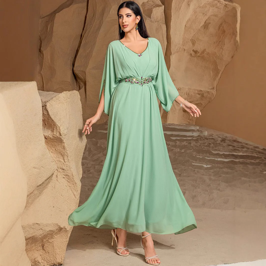 Elegant Mint Green V-Neck Swing Flowy A-Line Maxi Dress with Bell Sleeves & Embellished Belt Abaya (MA189) - Image 9