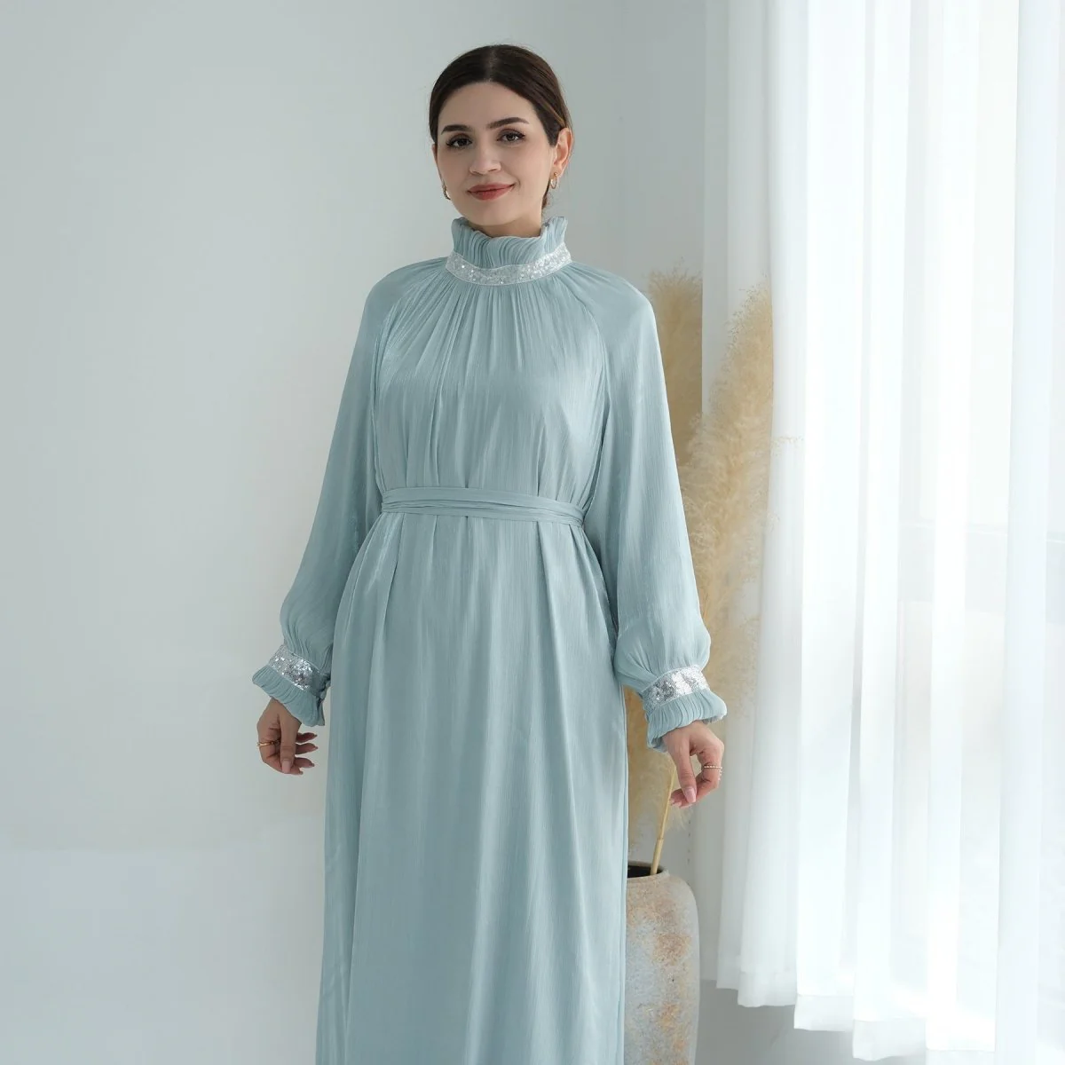 Elegant Modest Long Sleeve High-Neck Lace-Up Solid Color Dress Abaya (MA213) - Image 12